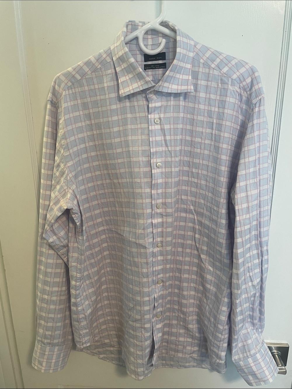 Zara Men's Light Blue, Pink & White Check Dress Shirt
